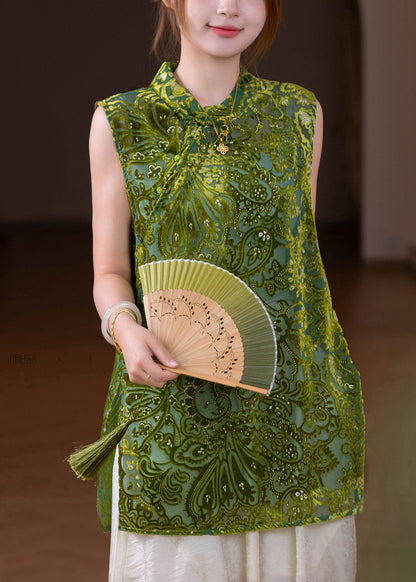 Jacquard Green Stand Collar Silk Velour Tops Sleeveless