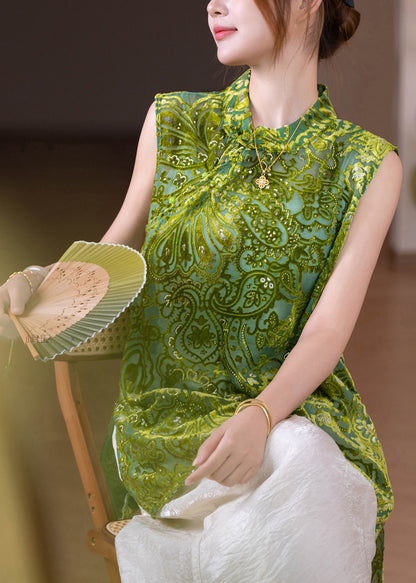 Jacquard Green Stand Collar Silk Velour Tops Sleeveless