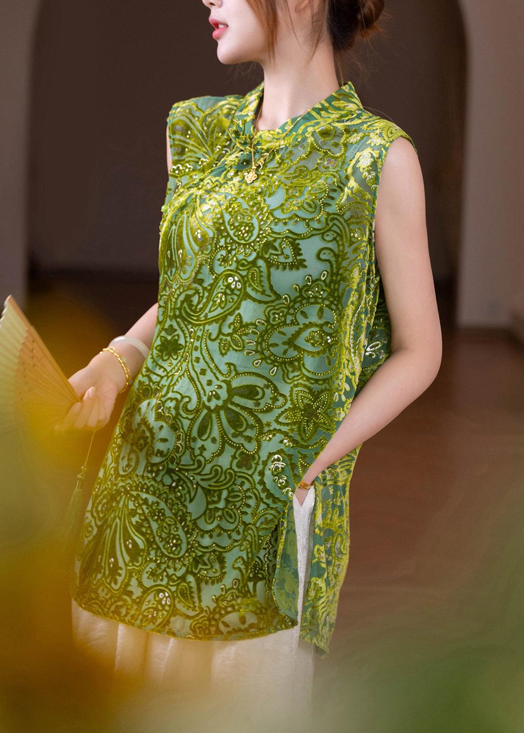 Jacquard Green Stand Collar Silk Velour Tops Sleeveless
