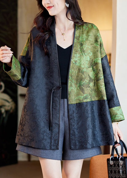 Jacquard Green V Neck Button Patchwork Silk Coats Fall