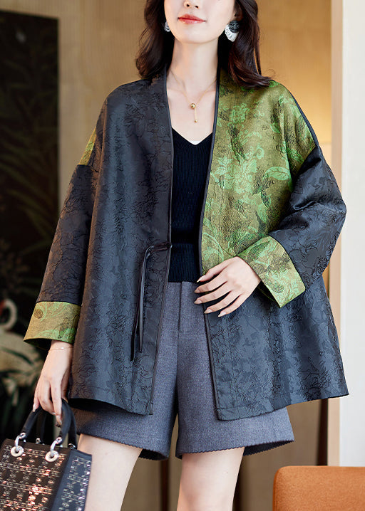 Jacquard Green V Neck Button Patchwork Silk Coats Fall