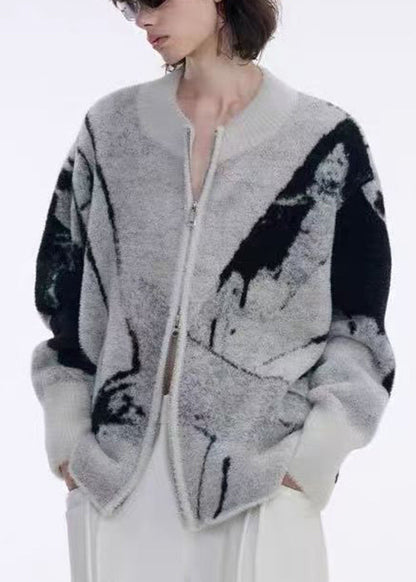 Jacquard Grey Asymmetrical Zip Up Patchwork Knit Mens Cardigans Fall