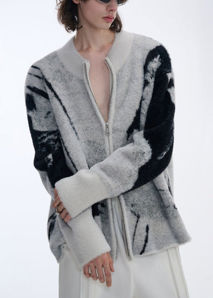 Jacquard Grey Asymmetrical Zip Up Patchwork Knit Mens Cardigans Fall