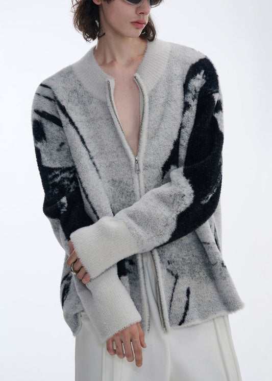 Jacquard Grey Asymmetrical Zip Up Patchwork Knit Mens Cardigans Fall