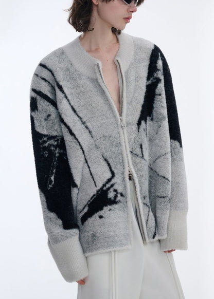 Jacquard Grey Asymmetrical Zip Up Patchwork Knit Mens Cardigans Fall