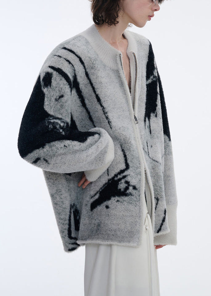 Jacquard Grey Asymmetrical Zip Up Patchwork Knit Mens Cardigans Fall
