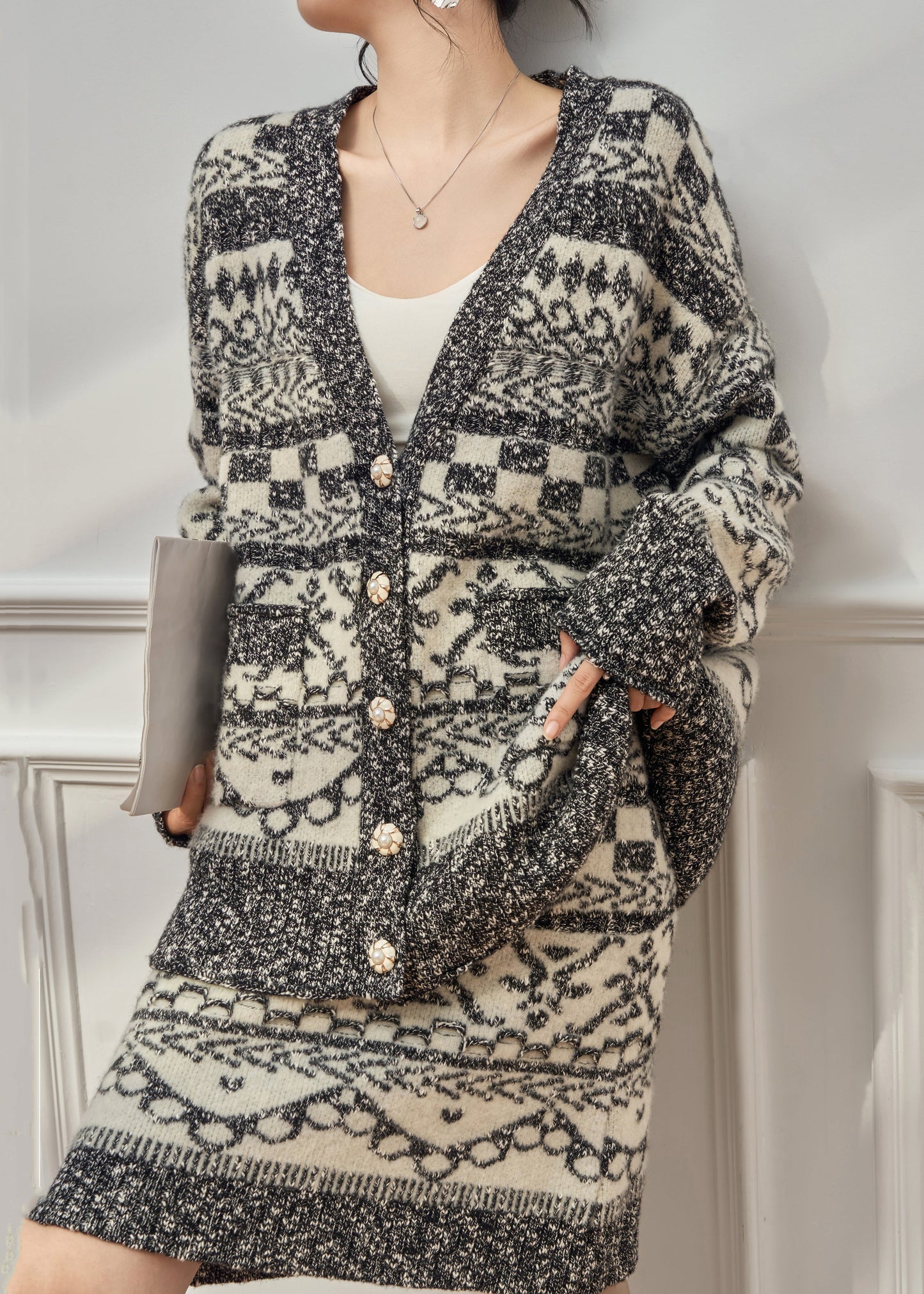 Jacquard Grey Button Pockets Coat And Skirts Knit Two Piece Set Winter