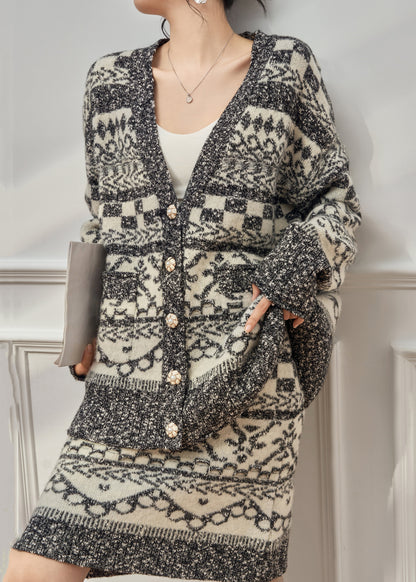 Jacquard Grey Button Pockets Coat And Skirts Knit Two Piece Set Winter