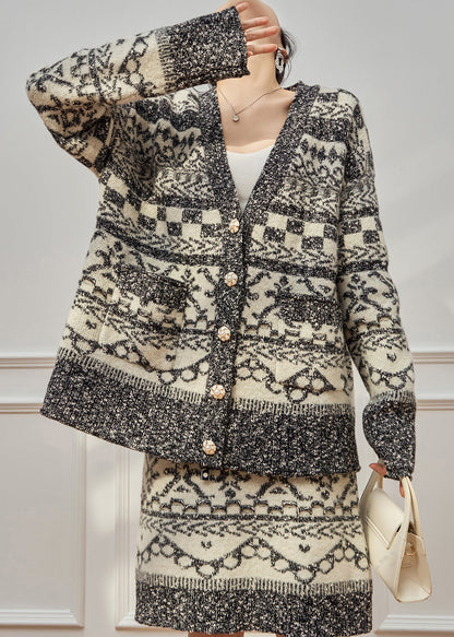 Jacquard Grey Button Pockets Coat And Skirts Knit Two Piece Set Winter