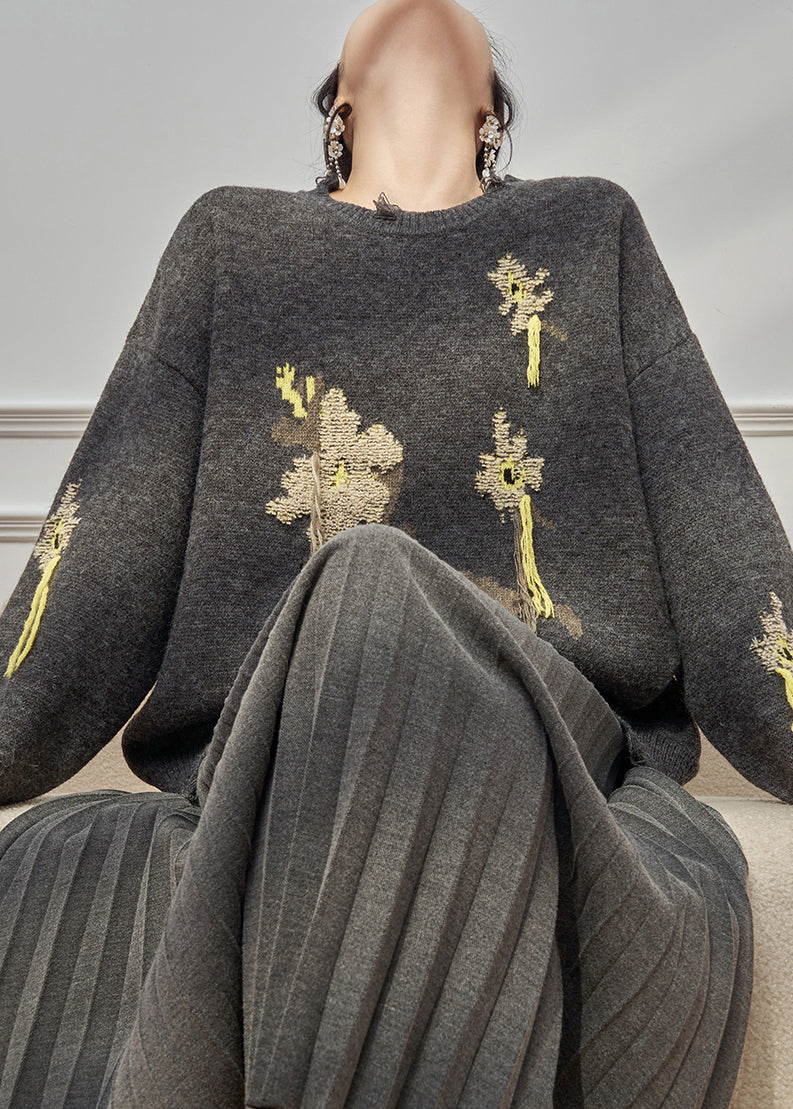 Jacquard Grey Hole Cozy Knit Sweater Tops Winter