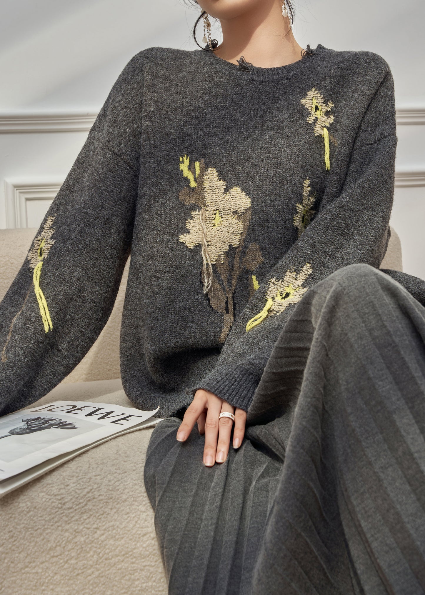 Jacquard Grey Hole Cozy Knit Sweater Tops Winter