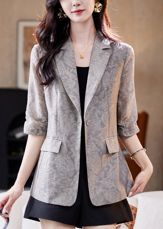 Jacquard Grey Peter Pan Collar Button Pockets Silk Coats Half Sleeve