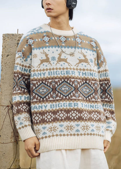 Jacquard Khaki O Neck Cozy Knit Men Sweater Tops Winter