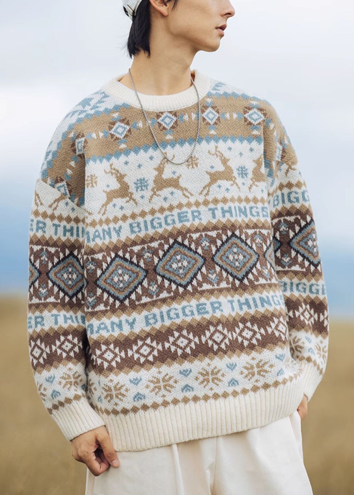 Jacquard Khaki O Neck Cozy Knit Men Sweater Tops Winter