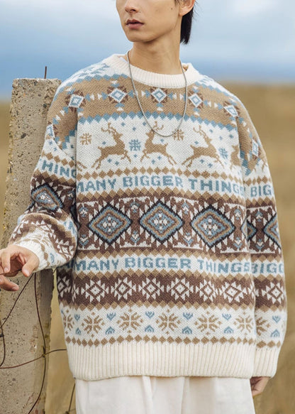 Jacquard Khaki O Neck Cozy Knit Men Sweater Tops Winter