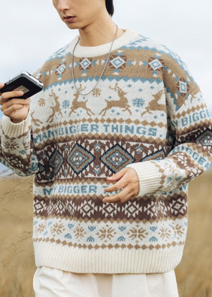 Jacquard Khaki O Neck Cozy Knit Men Sweater Tops Winter