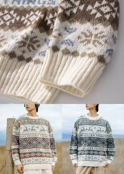 Jacquard Khaki O Neck Cozy Knit Men Sweater Tops Winter
