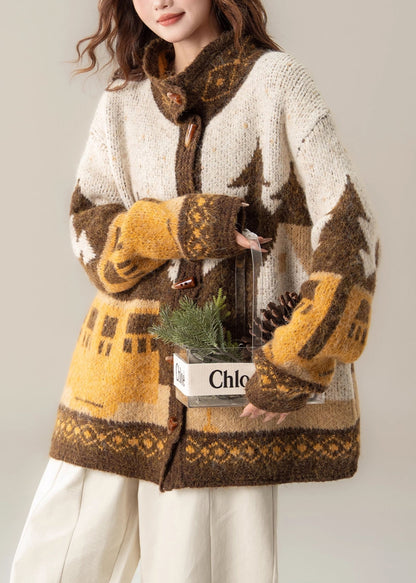 Jacquard Khaki Peter Pan Collar Button Knit Coat Spring