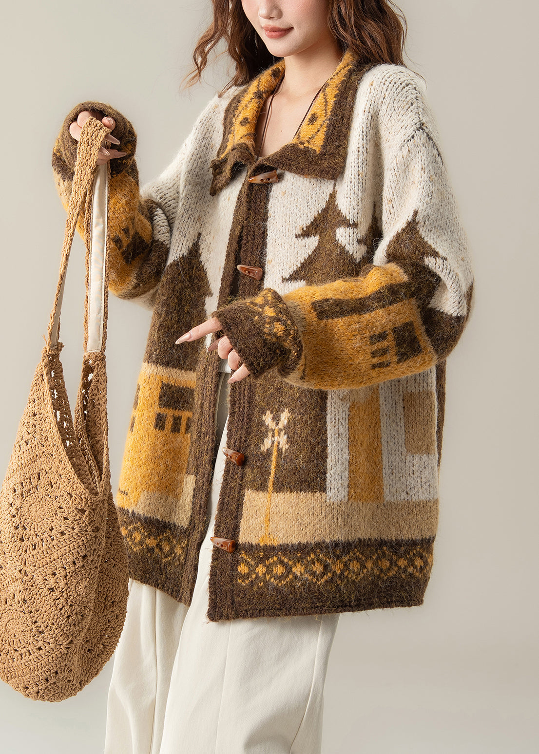 Jacquard Khaki Peter Pan Collar Button Knit Coat Spring