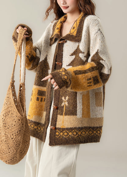 Jacquard Khaki Peter Pan Collar Button Knit Coat Spring