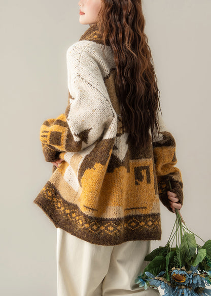 Jacquard Khaki Peter Pan Collar Button Knit Coat Spring