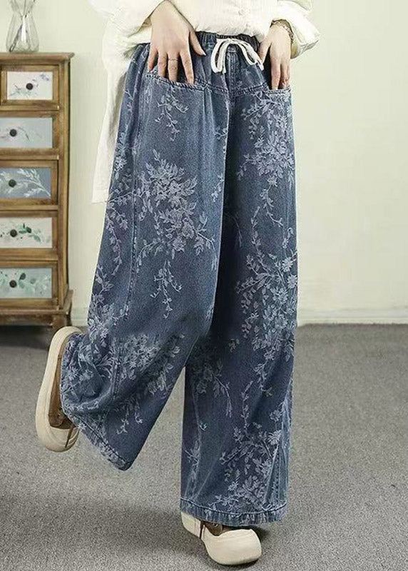 Jacquard Light Blue Pockets Tie Waist Wide Leg Jeans Trousers Spring