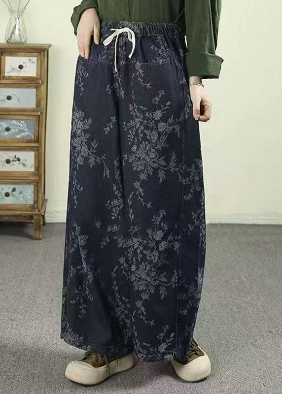 Jacquard Light Blue Pockets Tie Waist Wide Leg Jeans Trousers Spring