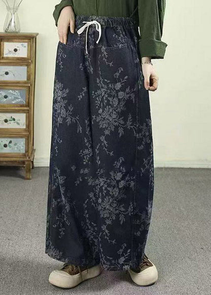 Jacquard Light Blue Pockets Tie Waist Wide Leg Jeans Trousers Spring