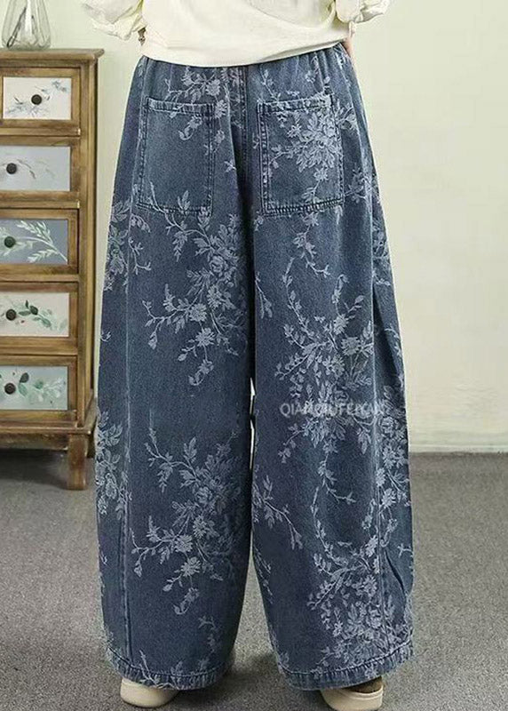 Jacquard Light Blue Pockets Tie Waist Wide Leg Jeans Trousers Spring