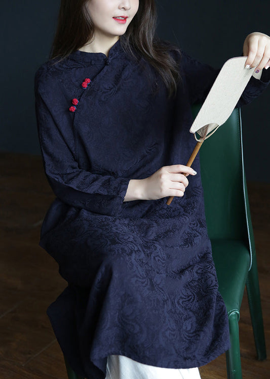 Jacquard Marineblau Stehkragen Bestickte Blumenknopf Maxikleider Frühling