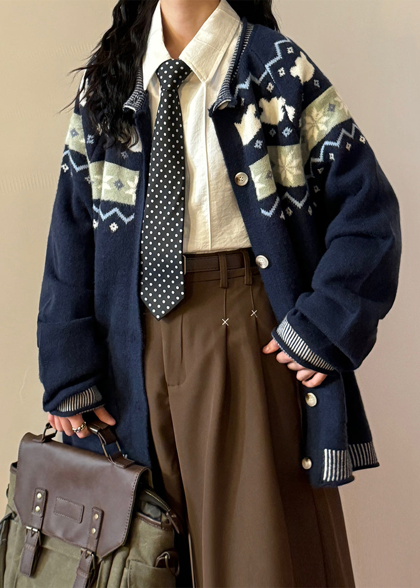 Jacquard Navy Button Pockets Cozy Knit Coats Spring