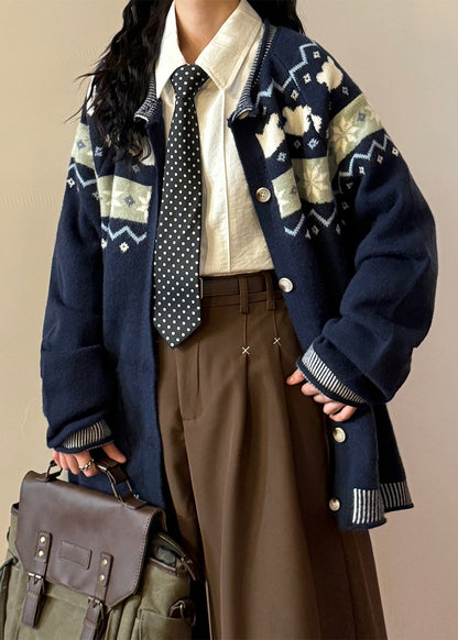 Jacquard Navy Button Pockets Cozy Knit Coats Spring