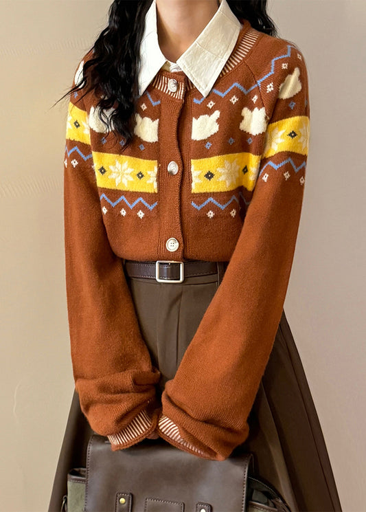 Jacquard Navy Button Pockets Cozy Knit Coats Spring