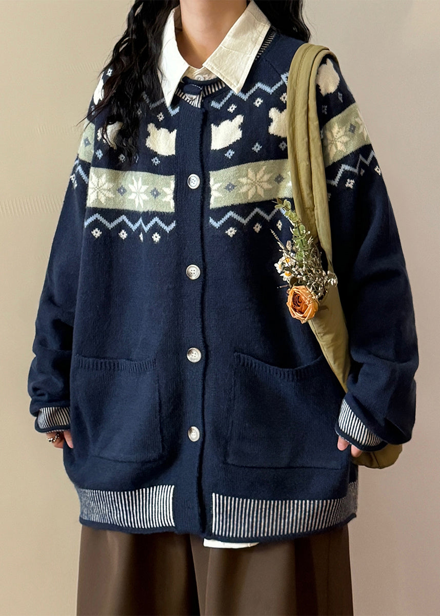 Jacquard Navy Button Pockets Cozy Knit Coats Spring
