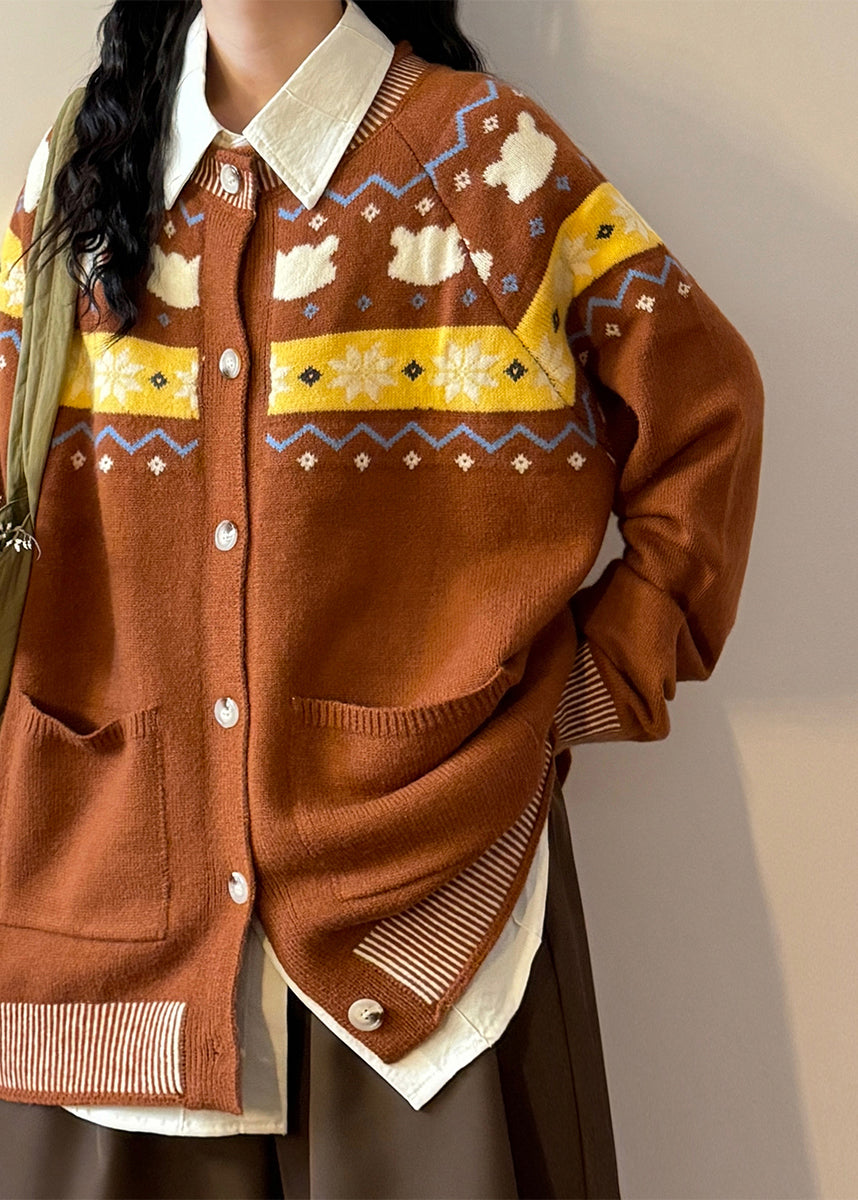 Jacquard Navy Button Pockets Cozy Knit Coats Spring