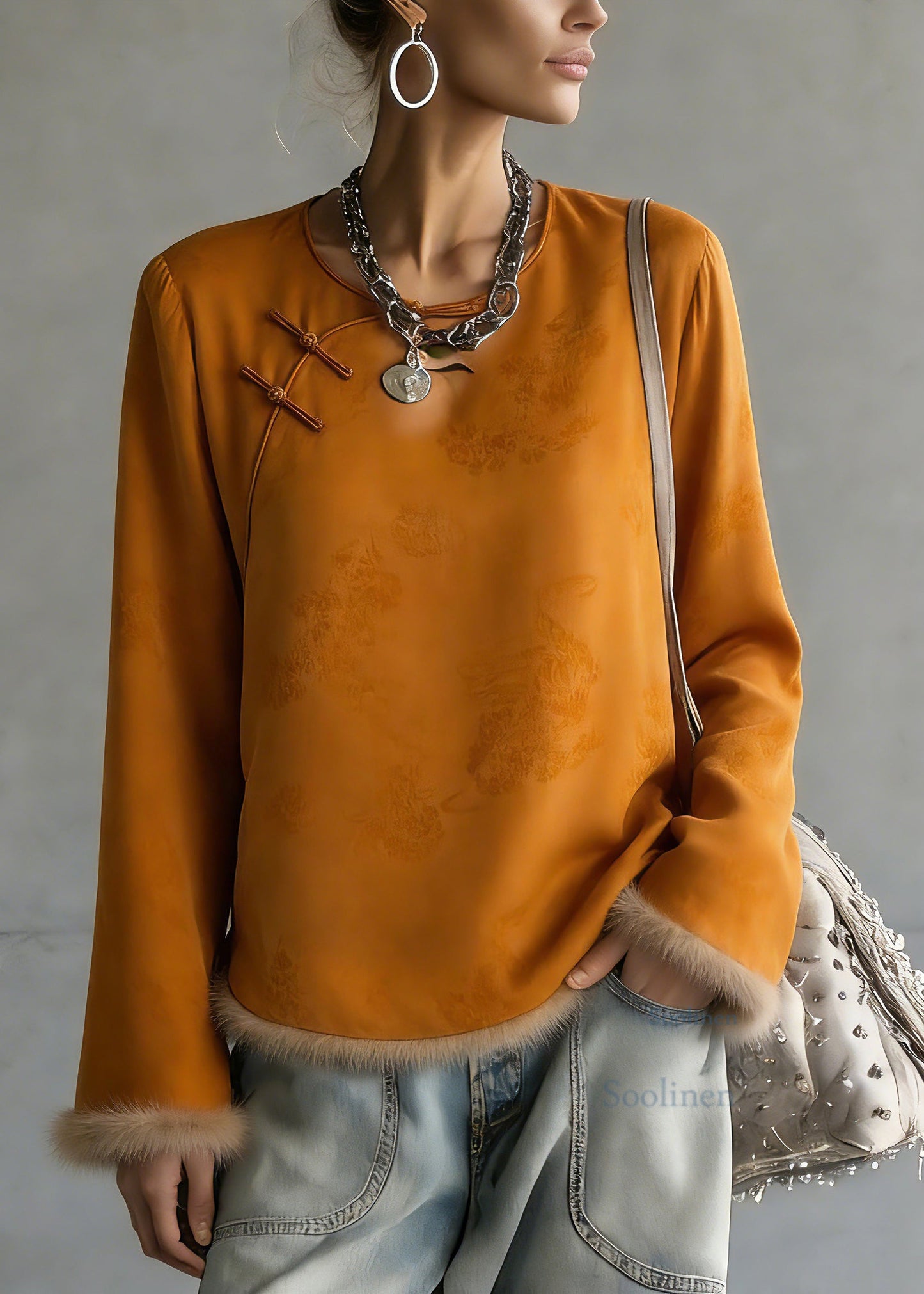 Jacquard Orange O-Neck Patchwork Silk Cotton Shirts Flare Sleeve