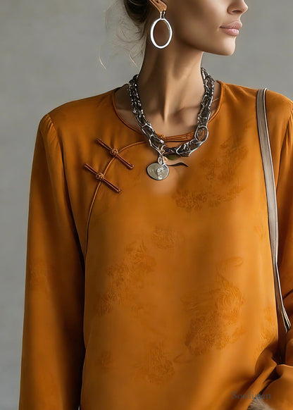 Jacquard Orange O-Neck Patchwork Silk Cotton Shirts Flare Sleeve