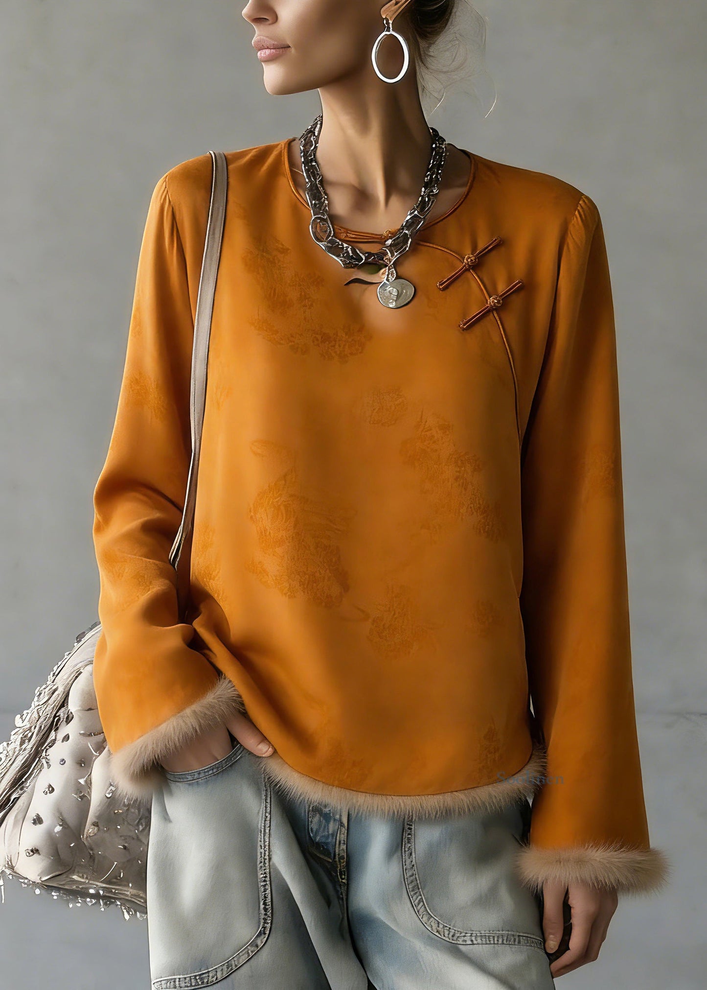 Jacquard Orange O-Neck Patchwork Silk Cotton Shirts Flare Sleeve