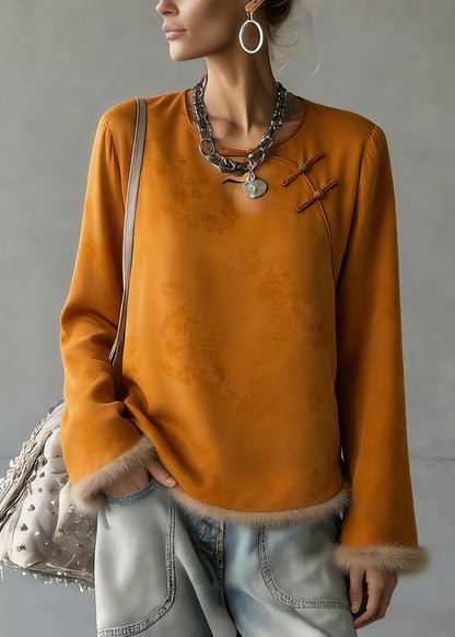 Jacquard Orange O-Neck Patchwork Silk Cotton Shirts Flare Sleeve