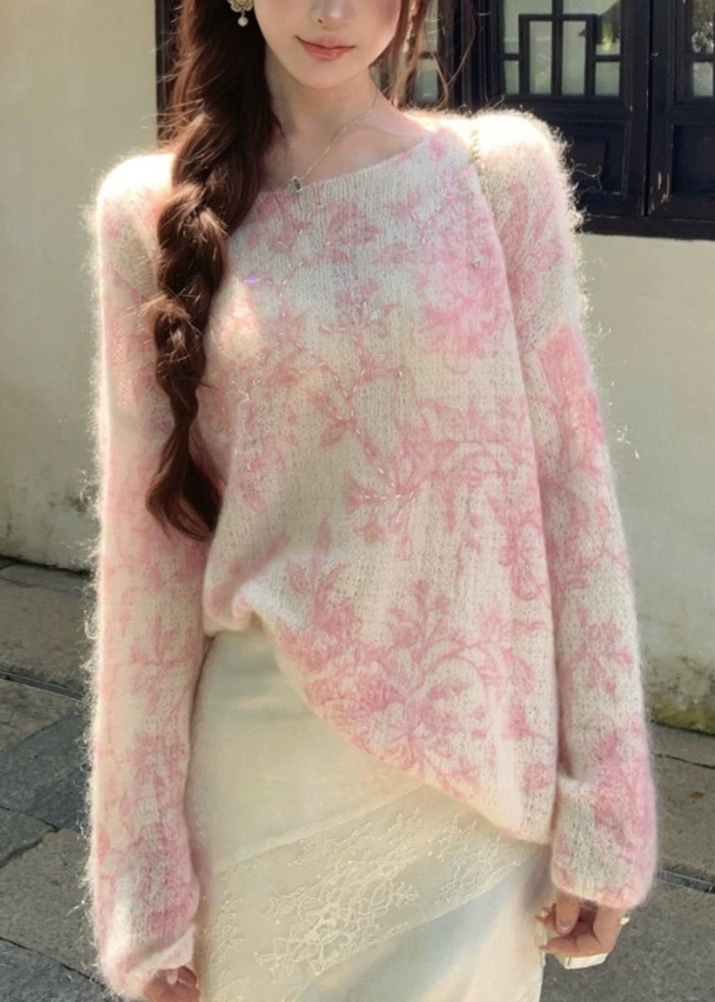 Suéteres de punto de lana con circonitas bordadas en jacquard rosa para primavera