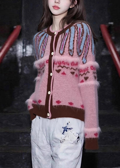 Jacquard-Cardigan aus rosa Baumwolle mit Rundhalsausschnitt und Knöpfen, Frühling