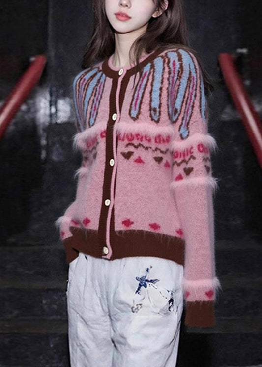 Cárdigan de punto de algodón con botones y cuello redondo en jacquard rosa para primavera