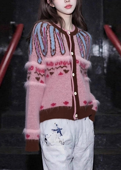 Jacquard-Cardigan aus rosa Baumwolle mit Rundhalsausschnitt und Knöpfen, Frühling