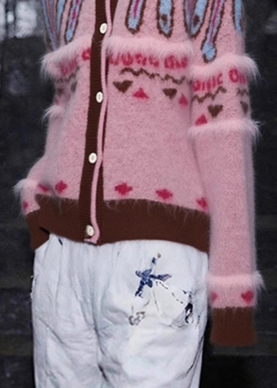 Jacquard-Cardigan aus rosa Baumwolle mit Rundhalsausschnitt und Knöpfen, Frühling