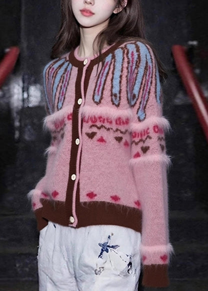 Jacquard-Cardigan aus rosa Baumwolle mit Rundhalsausschnitt und Knöpfen, Frühling