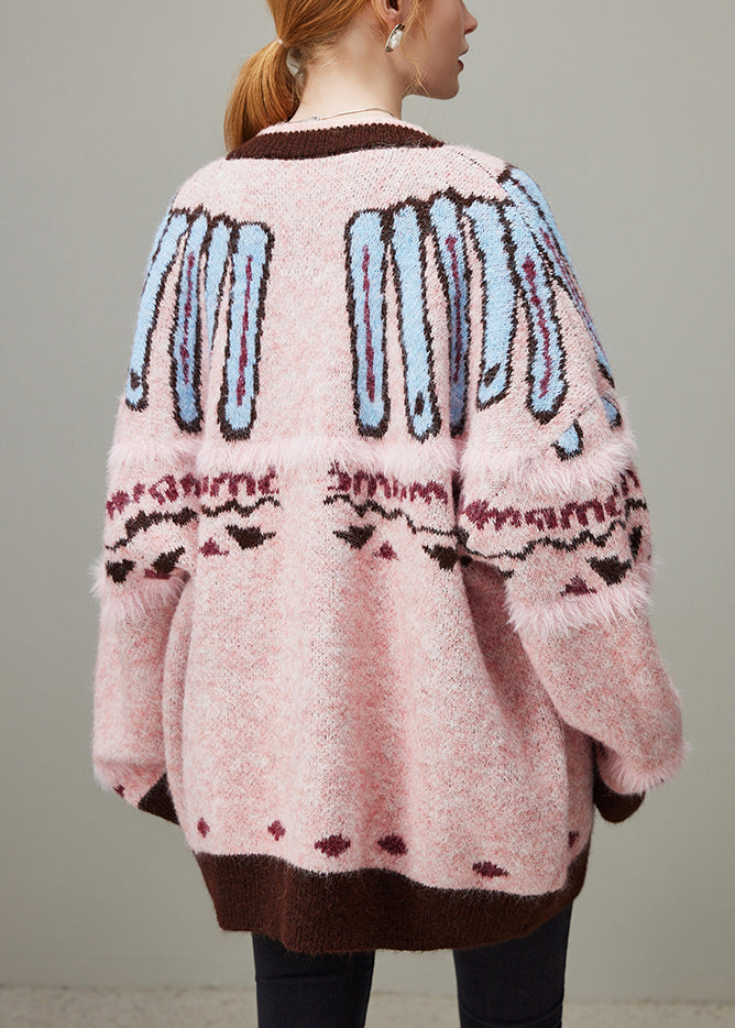 Jacquard-Strickmantel in Rosa mit Rundhalsausschnitt und Knöpfen, kuschelig, für den Winter