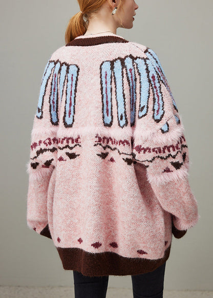 Jacquard-Strickmantel in Rosa mit Rundhalsausschnitt und Knöpfen, kuschelig, für den Winter