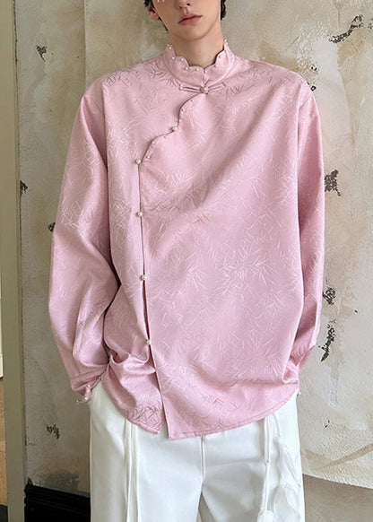 Jacquard-Herrenhemd in Rosa mit Stehkragen und Perlmuttknöpfen aus Baumwolle, Frühling