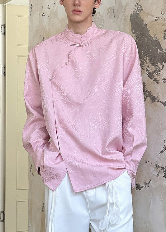 Camisa de algodón para hombre con botones de perla y cuello alto en jacquard rosa para primavera