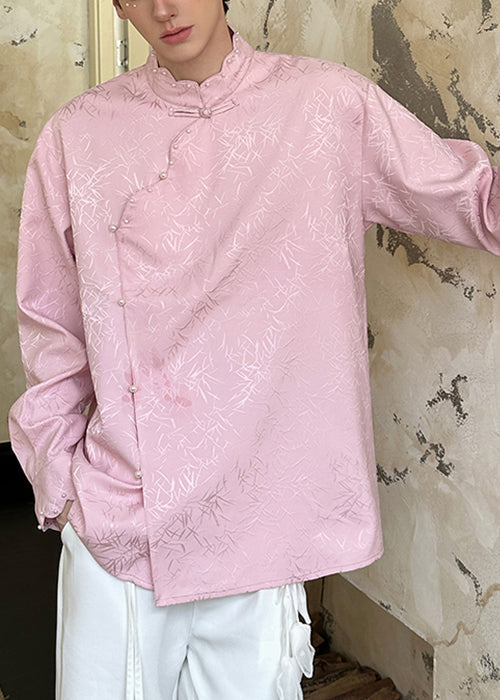 Jacquard-Herrenhemd in Rosa mit Stehkragen und Perlmuttknöpfen aus Baumwolle, Frühling